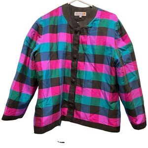 Piankusol Women’s Jacket Taffeta 100% Thai Silk Plaid Collarless Jewel Tones Siz
